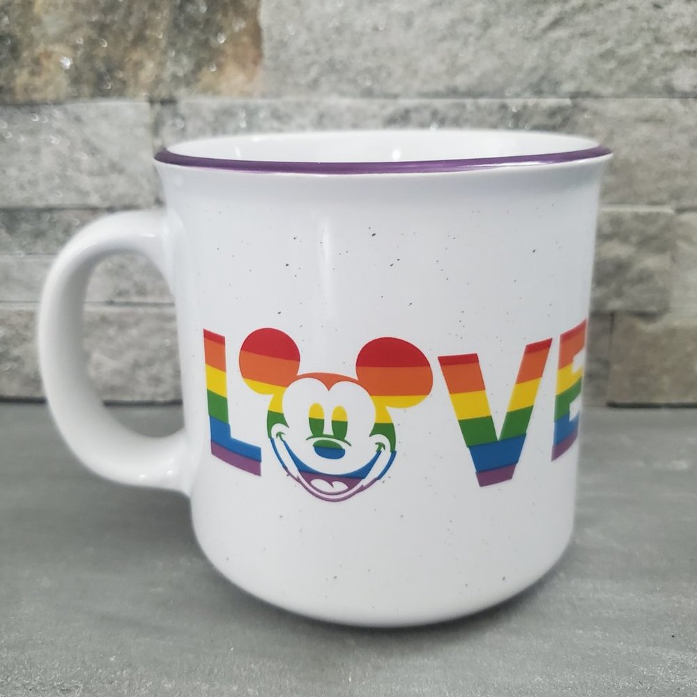 DISNEY Mickey Mouse Rainbow Stripes Love Mug Large Camper Mug Pride Be Kind